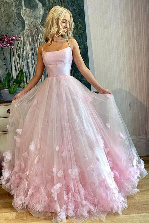 Light Pink Spaghetti Straps Long Prom Dresses, 3D Flowers Evening Dresses PDQ85