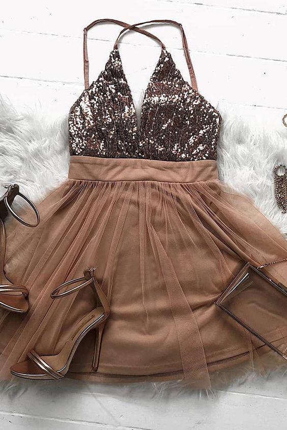 Sparkly Brown Tulle A Line Short Prom Dress,Homecoming Party Dress PDO74