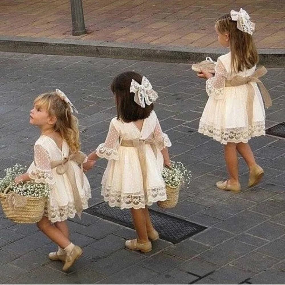 Cute Ivory Lace Long Sleeve Flower Girl Dresses Above Knee Scoop Bowknot Baby Dress HD51