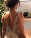 Sparkly A-Line Gold Sequin Empire Prom Dresses, V Neck Backless Formal Dance Dress OM0082
