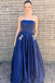 Simple A-Line Strapless Floor-Length Dark Blue Prom Dress with Pockets Beading PDI98