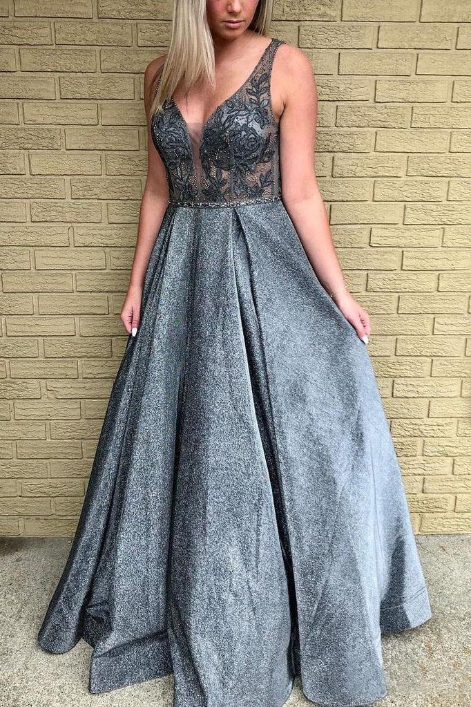 Grey Floor Length Deep V Neck Beaded Prom Dresses With Lace Appliques PDO94