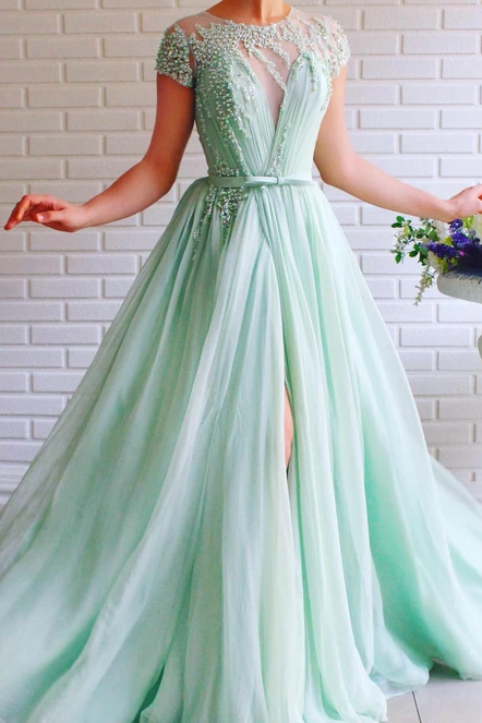 A-line Mint Green Long Cheap Prom Dresses Beading Tulle Evening Dress PDS99