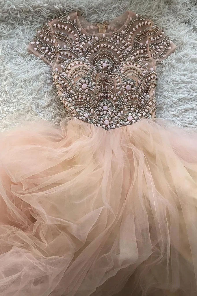 Unique A Line Pink Scoop Beaded Tulle Short Prom Dresses Homecoming Dresses SK18