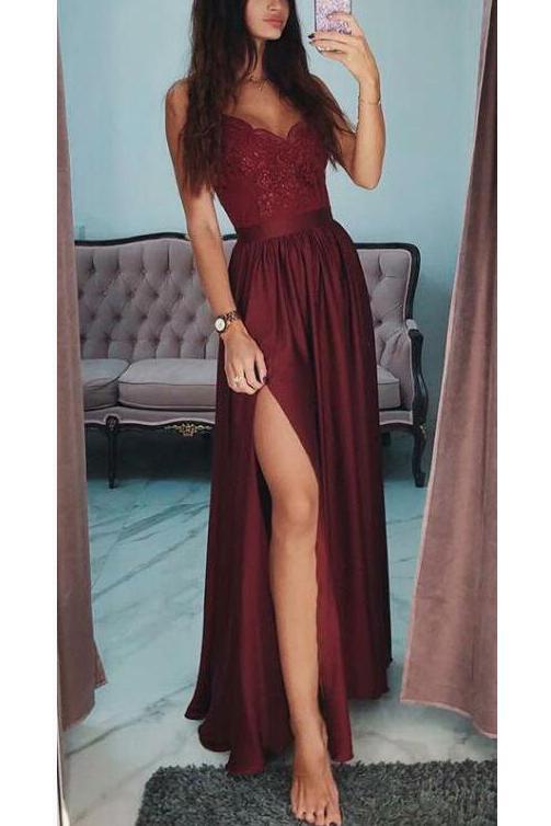 Burgundy A Line V-Neck Long Spaghetti Strap Split Prom Dresses With Lace PDH74