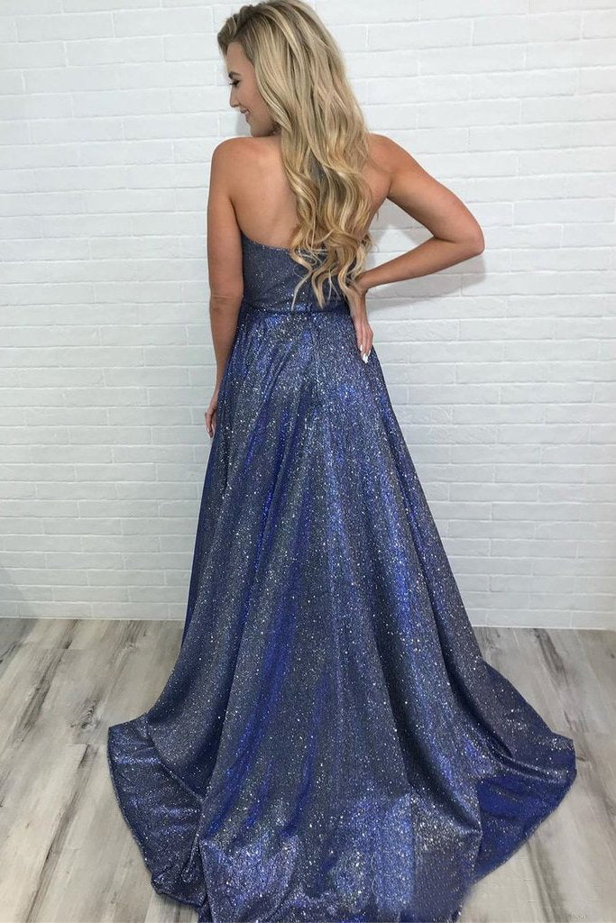 Deep V Neck Sparkly Long Sexy Prom Dresses With Slit Spaghetti Straps Formal Dresses PDS9
