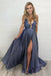 Deep V Neck Sparkly Long Sexy Prom Dresses With Slit Spaghetti Straps Formal Dresses PDS9