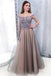 Cap Sleeves Bateau Long Tulle Beading Prom Dress with Appliques PDH29