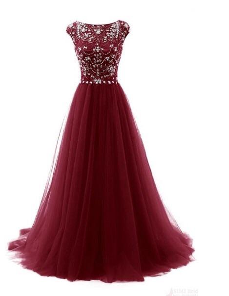 Elegant A-Line Beading Bodice Burgundy Long Tulle Prom Dresses Evening Dresses TD21