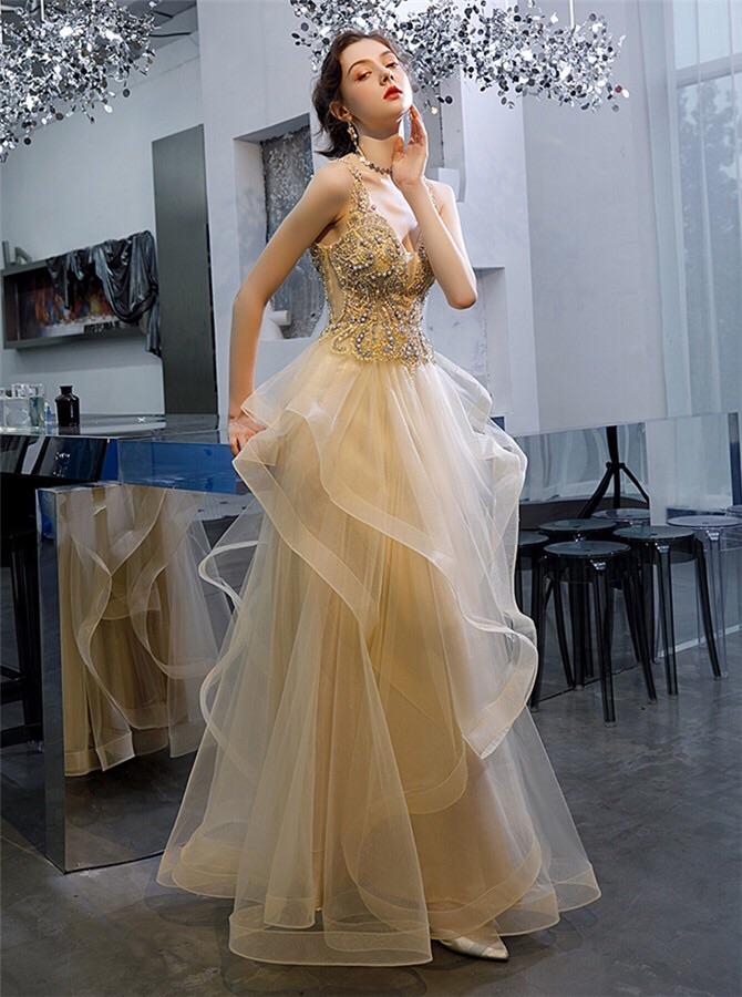 Princess ruffles tulle long prom dresses beaded formal evening gown mg153
