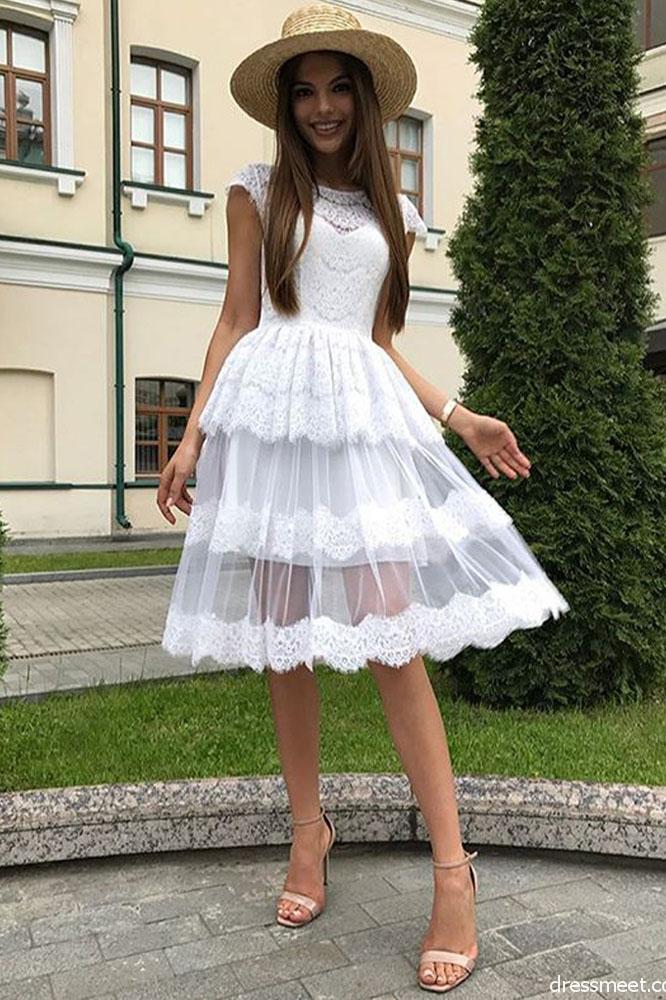 A Line White Lace Homecoming Dresses, Beautiful Short Prom Dresses PPD72
