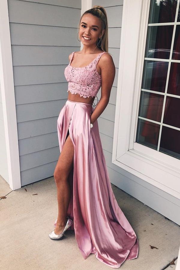 Two Piece Square A Line Pink Split Long Prom Dress with Lace Pockets PDI72
