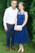 Elegant A Line Royal Blue Lace Tea Length Prom Dresses, Formal Party Dresses PPD75