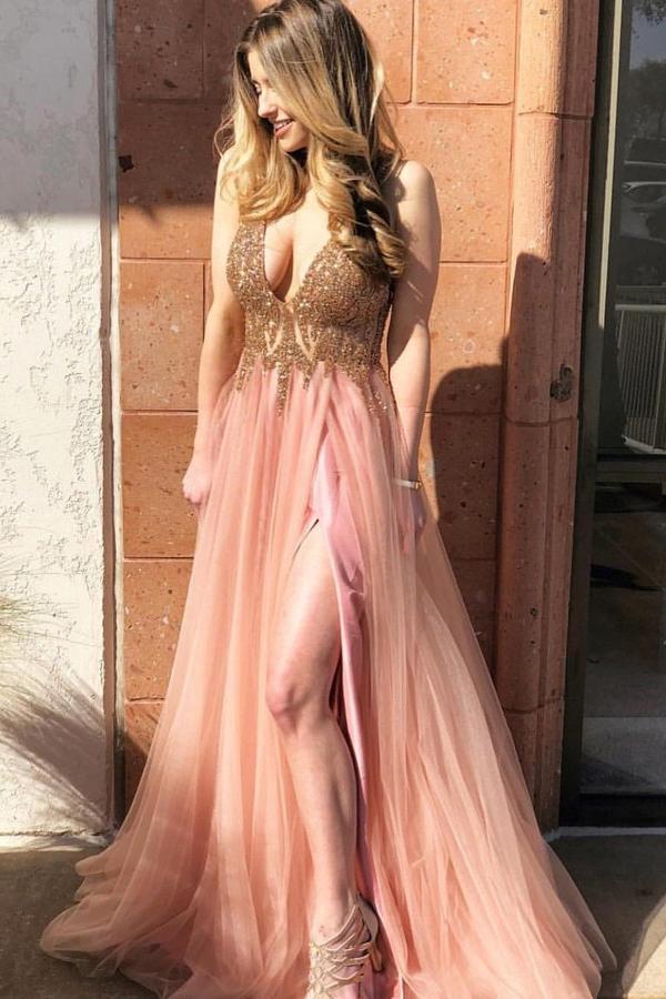 A-Line V-Neck Tulle Long Coral Prom Dress with Beading Split PDI70