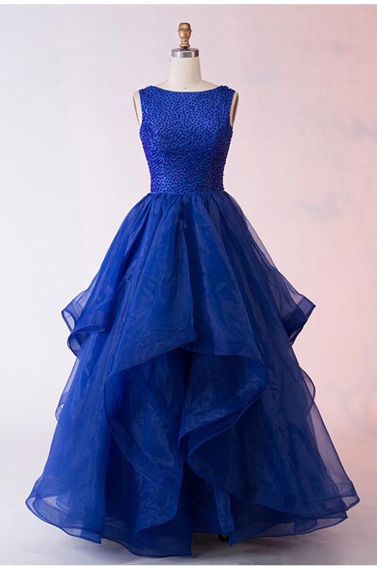 Fashion A-Line Bateau Long Royal Blue Organza Prom Dress with Beading PDF64