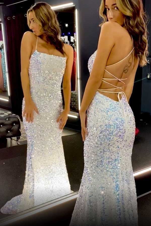 Shiny Spaghetti Straps Mermaid White Sequin Prom Dresses, Glitter Evening Dresses OM0039