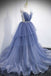 Elegant Blue V Neck Spaghetti Straps Tulle Long Beading Prom Dresses with Layers OM0024