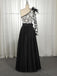 A-Line One-Shoulder Black Long Lace Appliqued Split Prom Dress with Pockets PDJ11