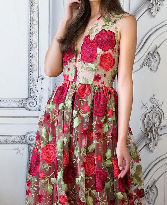 Red Floral Embroidery See Through Long Elegant Formal Prom Dresses PDG89