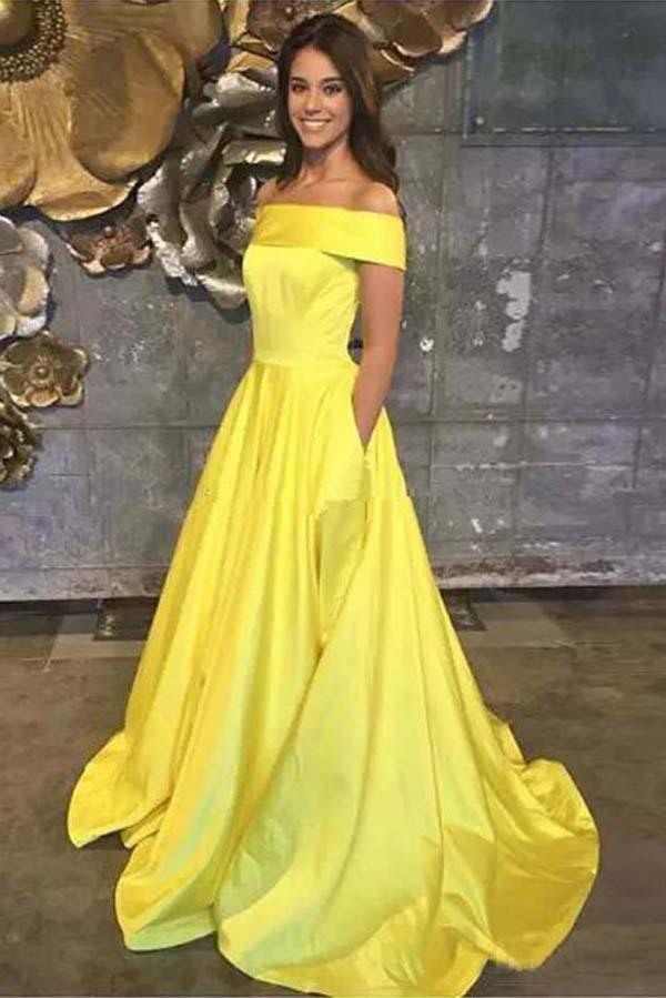 Yellow Off The Shoulder A Line Prom Dress,Long Evening Gown With Pockets PDJ67