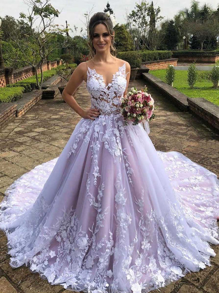 Princess Ball Gown Light Lavender Long Prom Wedding Dresses with Lace OM0072