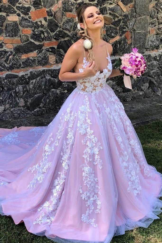 Princess Ball Gown Light Lavender Long Prom Wedding Dresses with Lace OM0072