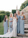 Long One Shoulder Cheap Dusty Blue Bridesmaid Dresses with Slit PDO18