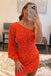 Orange Beaded Sequins One Shoulder Long Sleeves Sheath Short Homecoming Dresses OMH0256