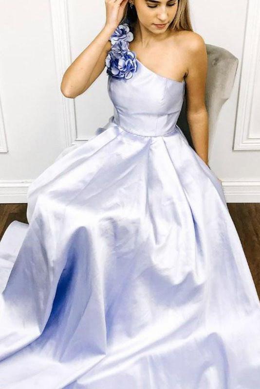 A-line One Shoulder Satin Long Prom Dress With Flowers Evening Dresses PDR60