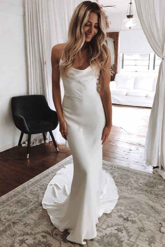 Simple Spaghetti Straps Satin Mermaid Beach Wedding Dresses, Ivory Wedding Gown OW0009