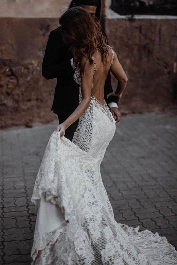 Ivory Mermaid Lace Rustic Wedding Dresses Illusion Neckline Beach Wedding Dresses, QB0321