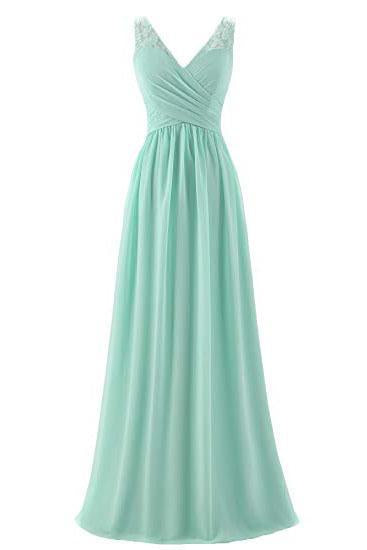 Mint Green V Neck Long Simple Pleated Bridesmaid Dress with Lace PPD57