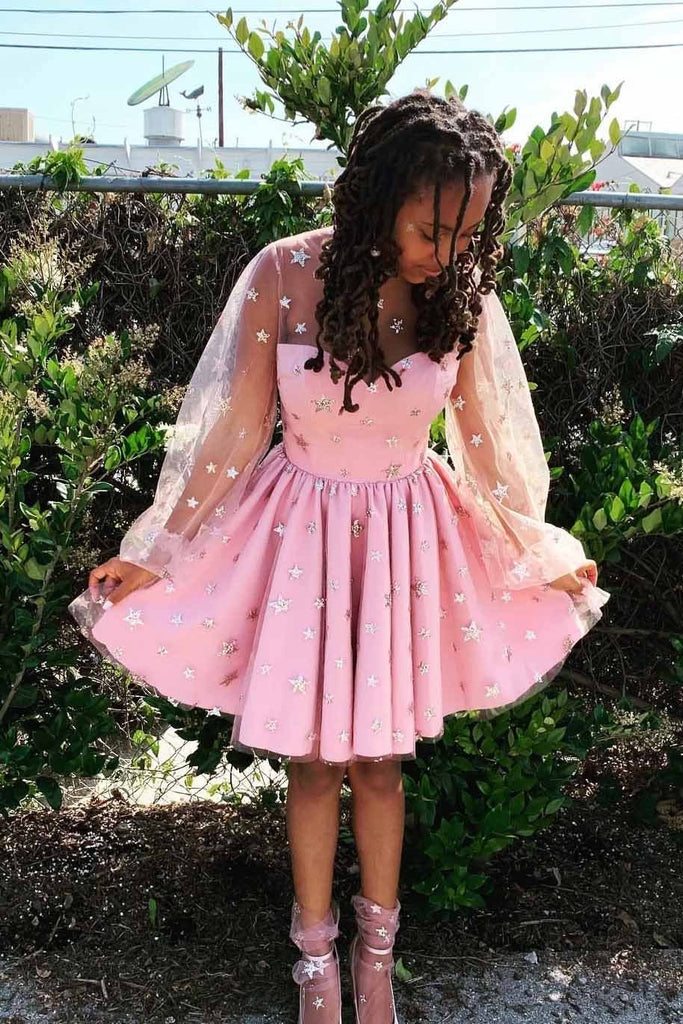 Pink Stars Long Sleeves Tulle Short Homecoming Dresses PPD48