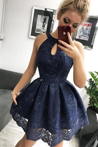 Navy Blue Lace Homecoming Dress, Simple Sleeveless Short Party Dresses PPD34