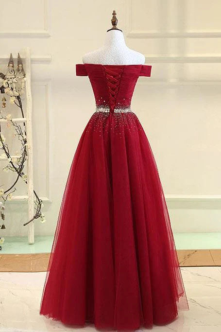 Simple A Line Burgundy Off the Shoulder Lace up Tulle Sweetheart Long Prom Dresses SK11
