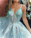 Ombre Sequin Green Deep V neck Spaghetti Straps Long Prom Dresses with Backless OM0074