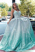 Ombre Sequin Green Deep V neck Spaghetti Straps Long Prom Dresses with Backless OM0074
