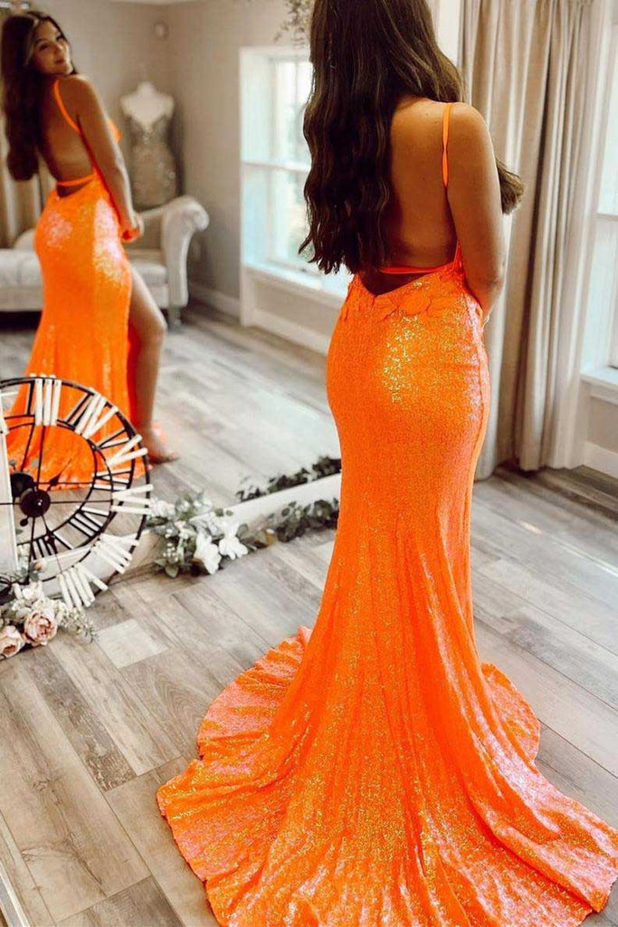 Orange Sequins Mermaid Spaghetti Straps Formal Dress with Slit, Long Prom Dress OM0084
