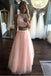 Two Pieces A Line Beading Tulle Long Prom Dresses Cheap Pink Evening Dress PDI30