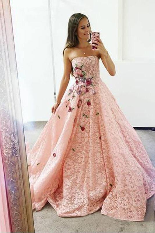 Strapless Pink Lace Long Ball Gown with Floral Embroidery Cheap Prom Dresses PDJ33