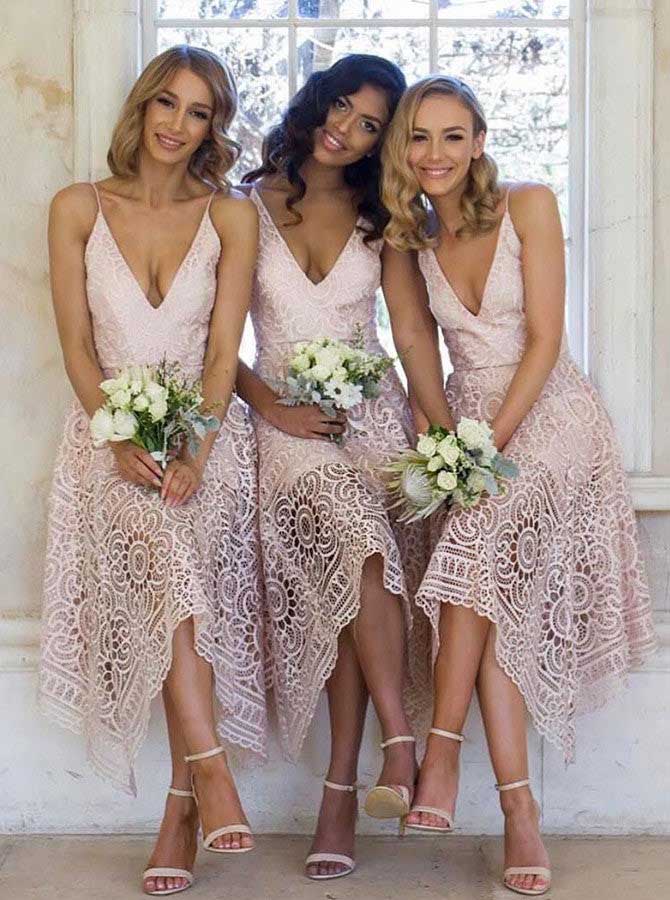 A line Deep V Neck Lace Spaghetti Straps Asymmetrical Bridesmaid Dresses OB0003