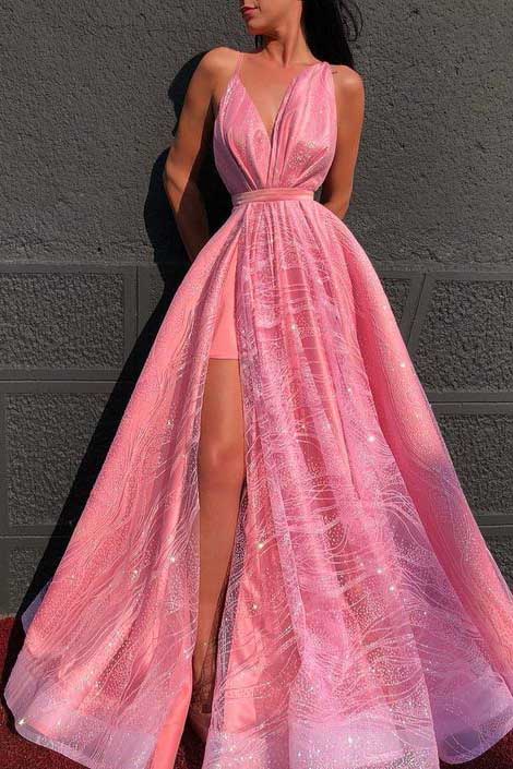 Sexy A-line Pink Sequins V Neck Sleeveless Prom Party Dresses, Long Evening Dress OM0086