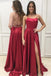 Burgundy Spaghetti Strap Prom Dress with Slit, Sexy Long Party Dresses PDJ86