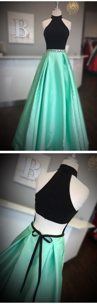 High Neck Two Piece Black And Mint Green Beads Long Prom Dress PDF31