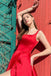 A line Red Satin Long Prom Dresses, Round Neck Red Formal Dresses with High Split OM0136