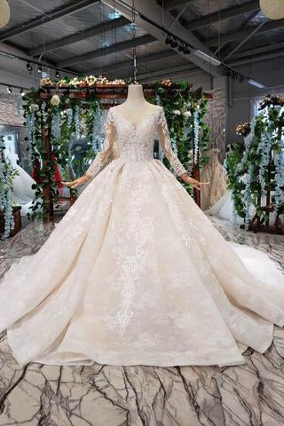 Princess Long Sleeves Ball Gown Lace Wedding Dresses, Long Bridal Dress PDN43