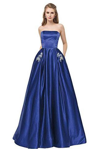 Royal Blue Strapless Long A Line Bridesmaid Dress with Pockets, Cheap Prom Dress with Beads PPD56