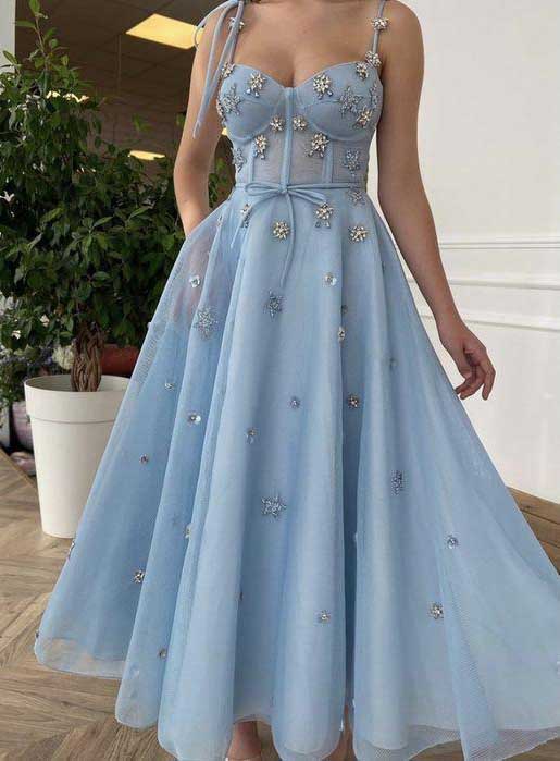 Cheap A Line Blue Sweetheart Spaghetti Straps Prom Dress, Bridesmaid Dress OM0027