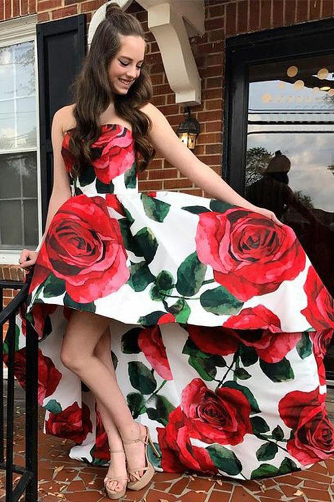Unique Strapless Floral Satin High low Long Prom Dresses with Pockets, PPD68