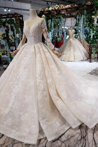 Princess Long Sleeves Ball Gown Lace Wedding Dresses, Long Bridal Dress PDN43
